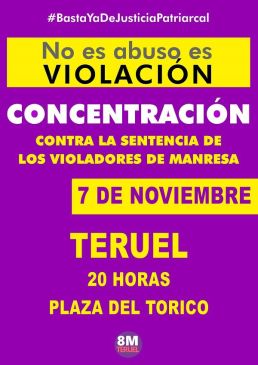 La Asamblea 8M convoca una concentración este jueves a las 20 horas en el Torico contra la sentencia de la manada de Manresa