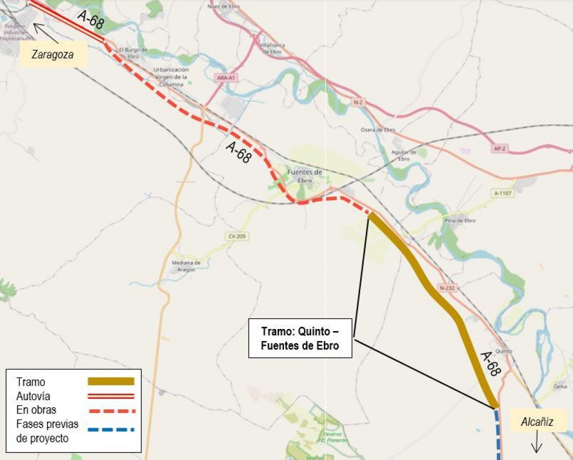 El Ministerio de Transportes adjudica el contrato para redactar el proyecto del tramo Quinto-Fuentes de Ebro de la Autovía A-68