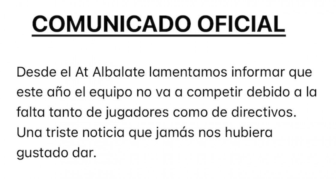 El Atlético Albalate anuncia que no va a poder competir por falta de jugadores y directivos