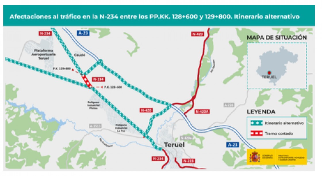 Corte de la N-234 entre el enlace a Albarracín y Caudé durante unos tres meses por la construcción de una glorieta