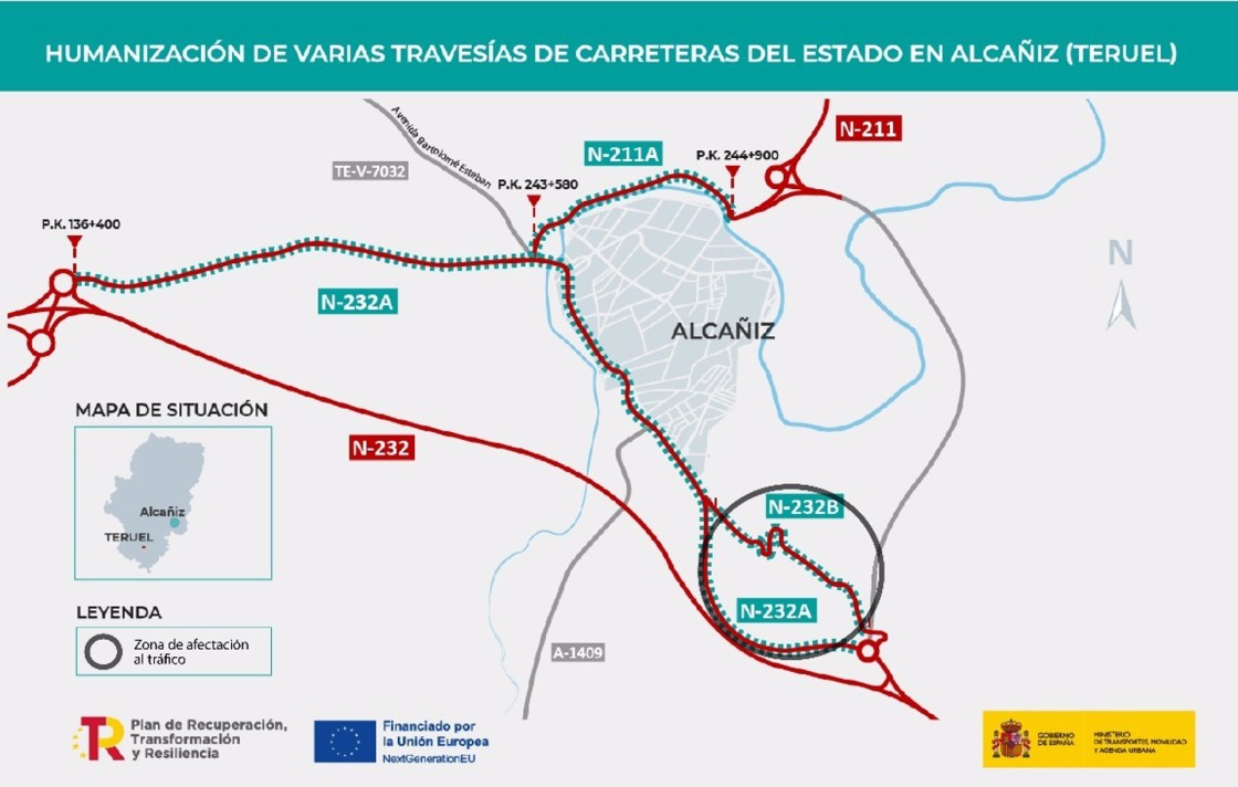 Un tramo de la N-232 B a su paso por Alcañiz se corta este lunes por obras durante seis meses