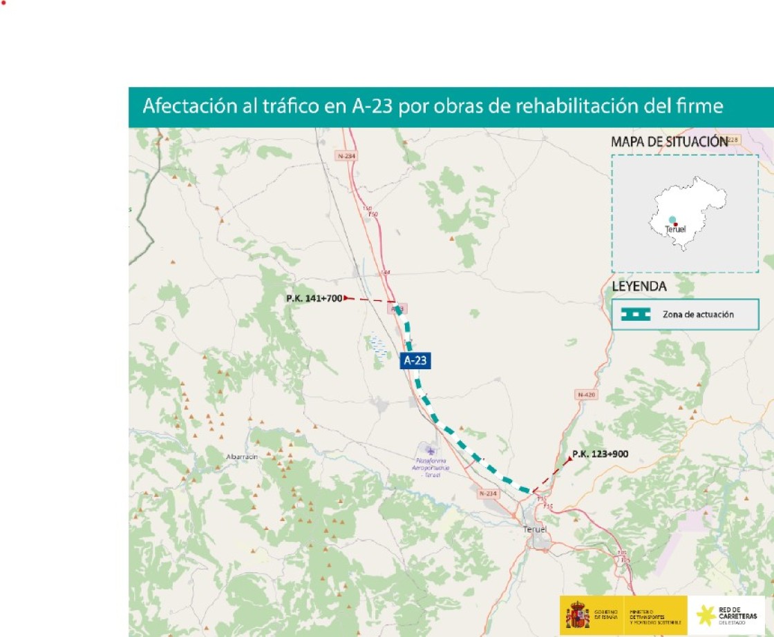 Las obras de rehabilitación de la A-23 obligan al corte de un carril entre Teruel norte y Santa Eulalia