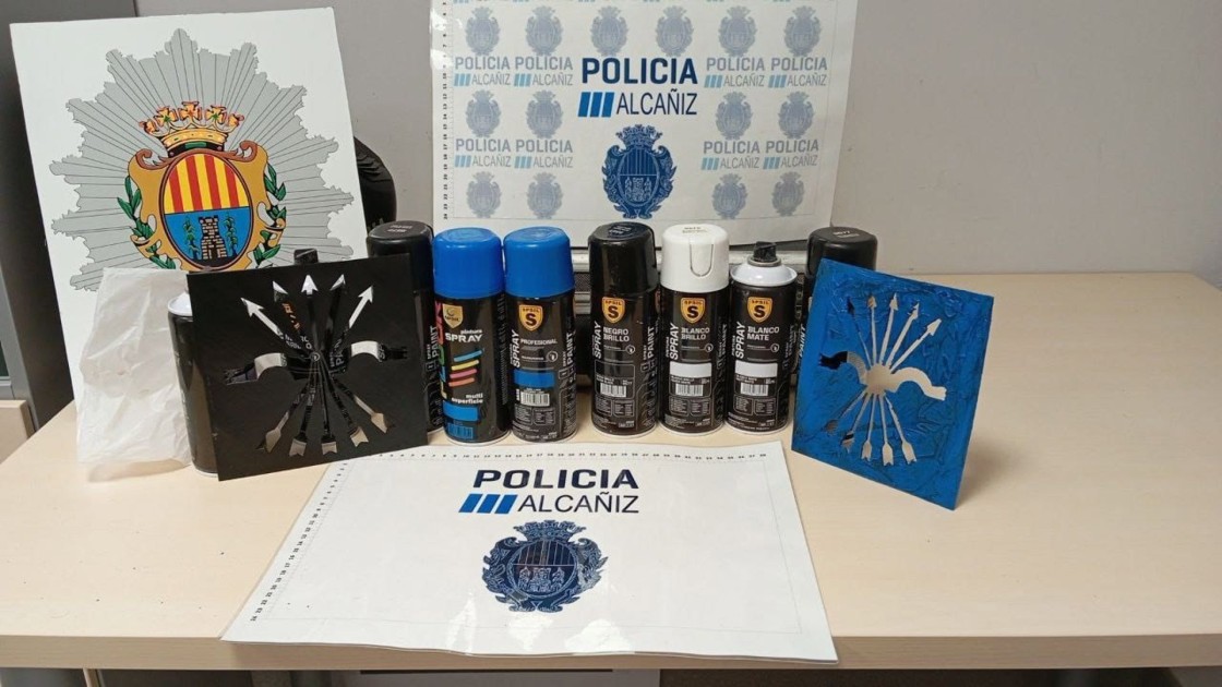La Policía Local de Alcañiz identifica a los autores de distintas pintadas e incauta pintura y plantillas con simbología falangista