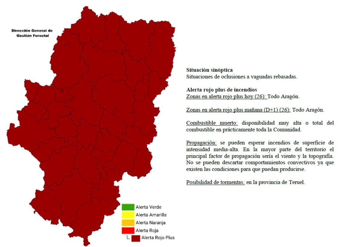 Segundo día consecutivo en alerta rojo plus por riesgo extremo de incendios forestales en Aragón