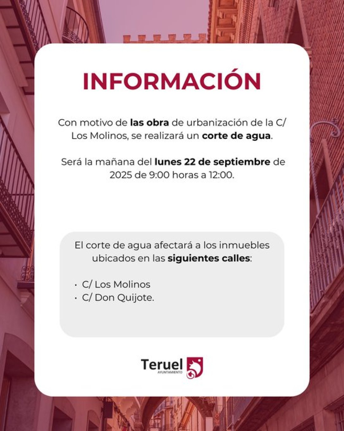 Corte de agua en la calle de Los Molinos el próximo lunes 22 de septiembre