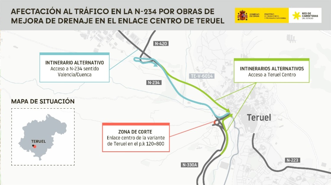 Trasportes trabaja en la mejora del drenaje de la carretera N-234 en el enlace centro de la ciudad de Teruel