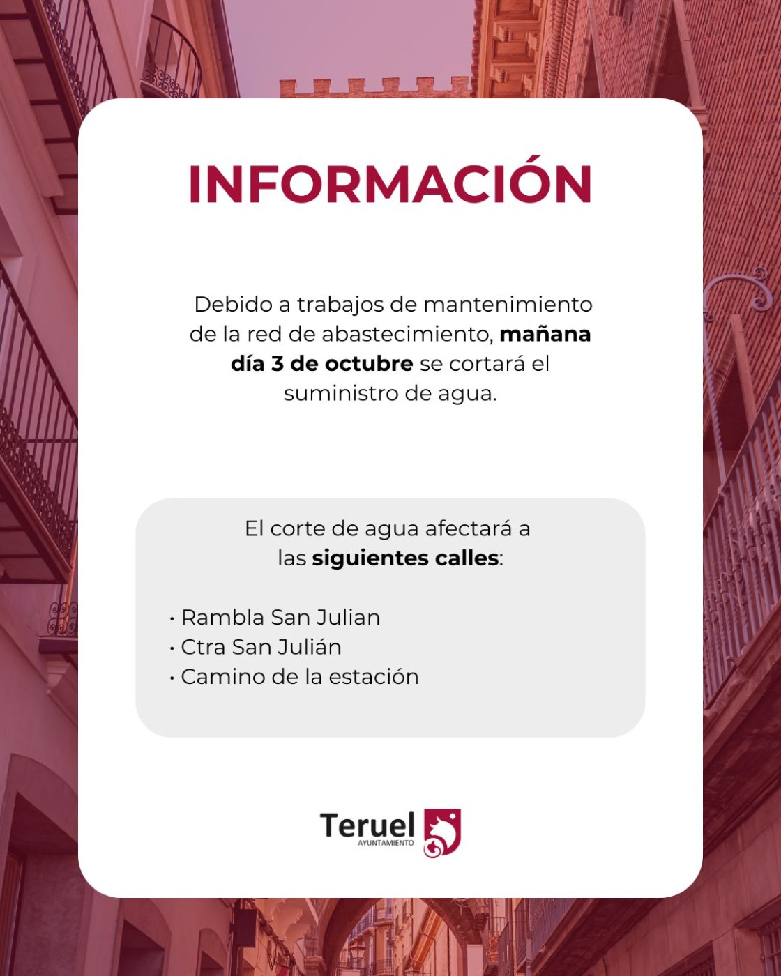 Corte agua en la San Julián este viernes