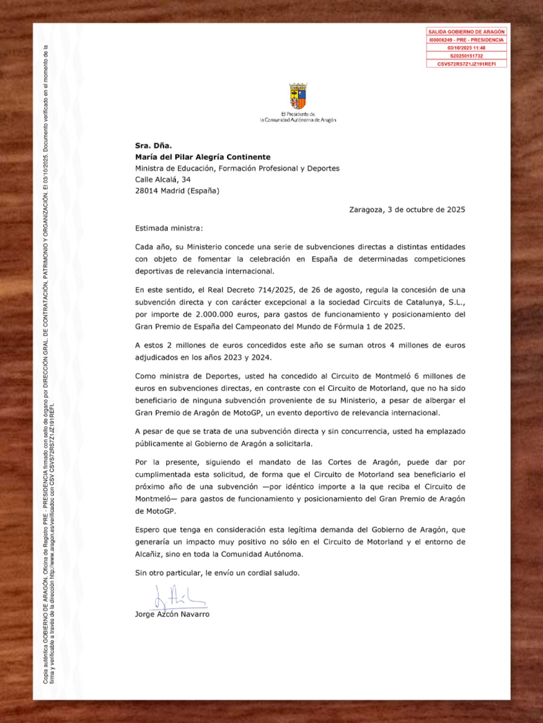 Azcón pide los mismos fondos que Montmeló para Alcañiz de cara a 2026
