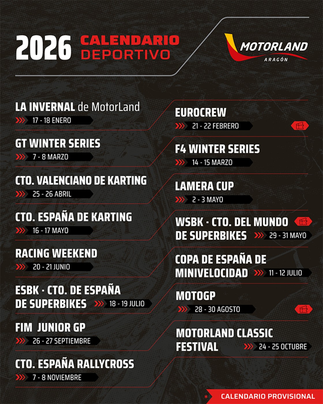Motorland guarda hueco ya para quince pruebas en 2026, entre ellas MotoGP y Superbikes