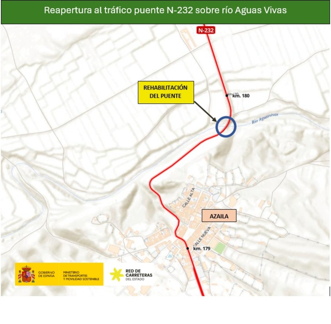 Transportes abre al tráfico los dos carriles del puente de la N-232 sobre el río Aguas Vivas en Azaila, tras invertir cerca de 850.000 euros