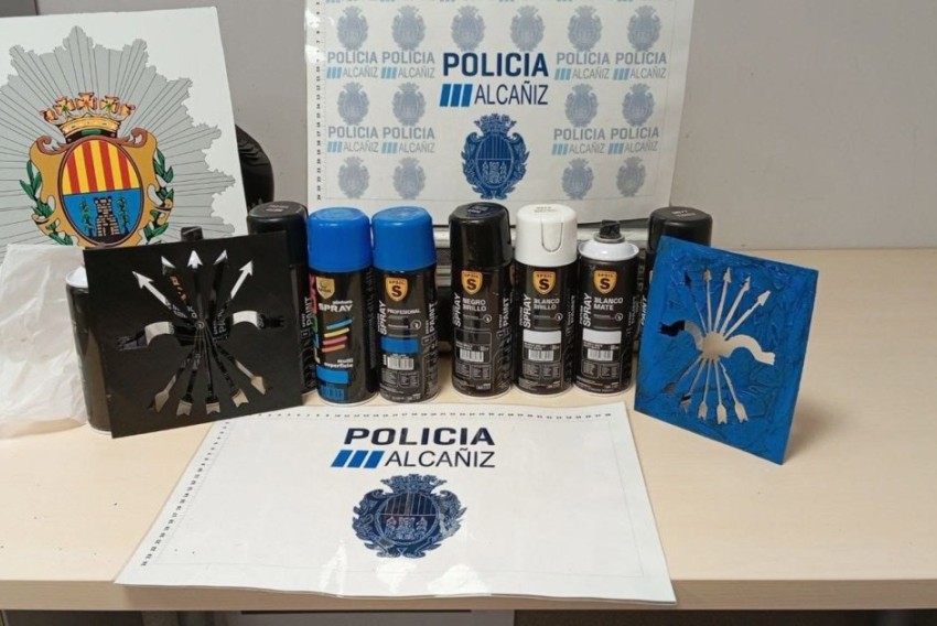 La Policía Local de Alcañiz identifica a los autores de distintas pintadas e incauta pintura y plantillas con simbología falangista