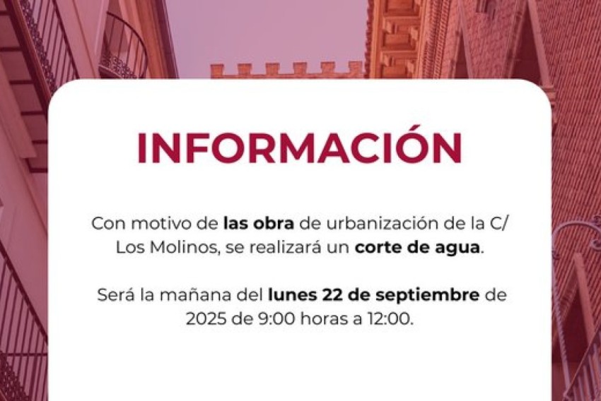 Corte de agua en la calle de Los Molinos el próximo lunes 22 de septiembre