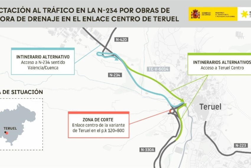 Trasportes trabaja en la mejora del drenaje de la carretera N-234 en el enlace centro de la ciudad de Teruel
