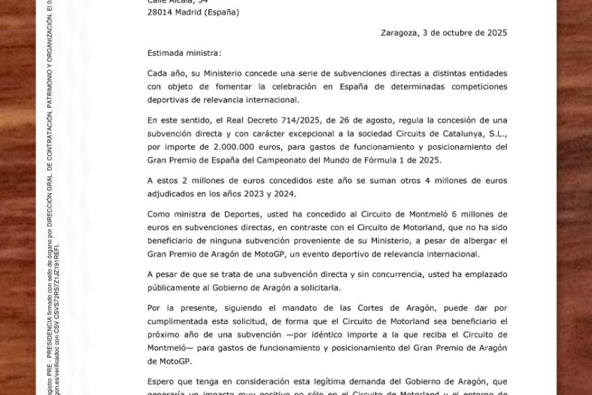 Azcón pide los mismos fondos que Montmeló para Alcañiz de cara a 2026