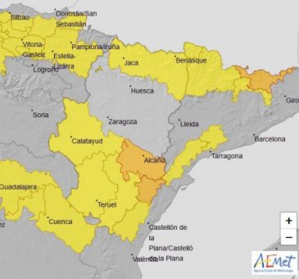 La Aemet eleva a naranja la alerta por nevadas intensas en el Bajo Aragón entre el lunes y el martes