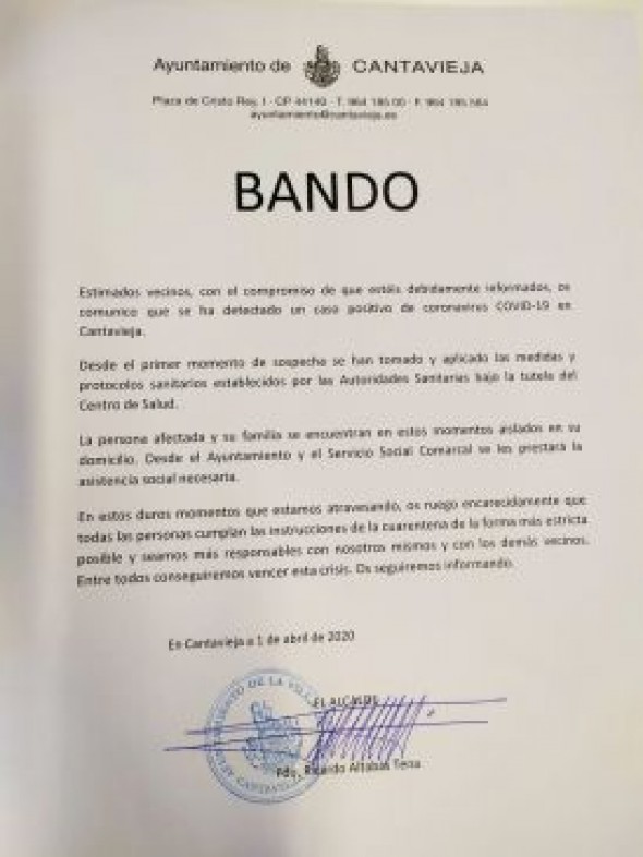 El Ayuntamiento de Cantavieja informa de la notificación de un positivo en la localidad