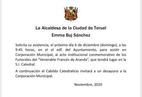 Ganar-Teruel critica que la alcaldesa anime a todos los concejales a asistir a un desayuno del Cabildo Catedralicio en plena pandemia