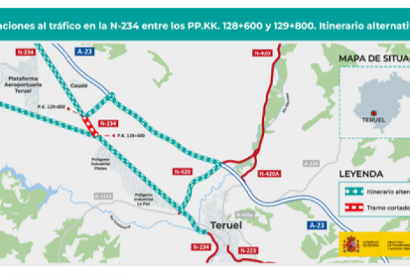 Corte de la N-234 entre el enlace a Albarracín y Caudé durante unos tres meses por la construcción de una glorieta