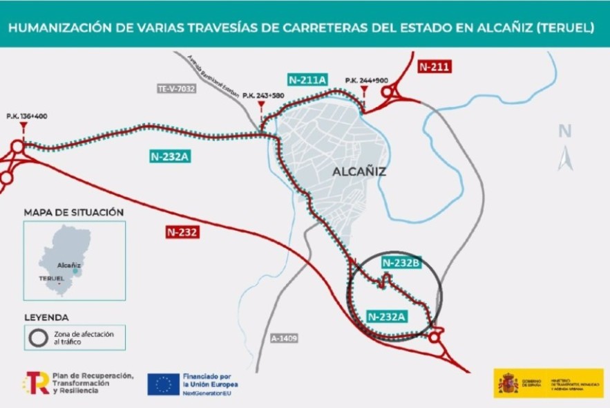 Un tramo de la N-232 B a su paso por Alcañiz se corta este lunes por obras durante seis meses