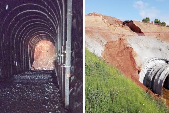 Un túnel del tren  en Mora de Rubielos sufre un desplome cuando no había trabajadores