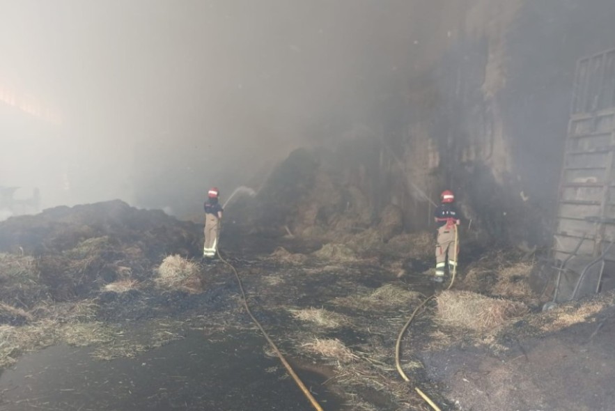 Los Bomberos de la DPT trabajan en la extinción de un incendio en una nave agrícola de Hinojosa de Jarque