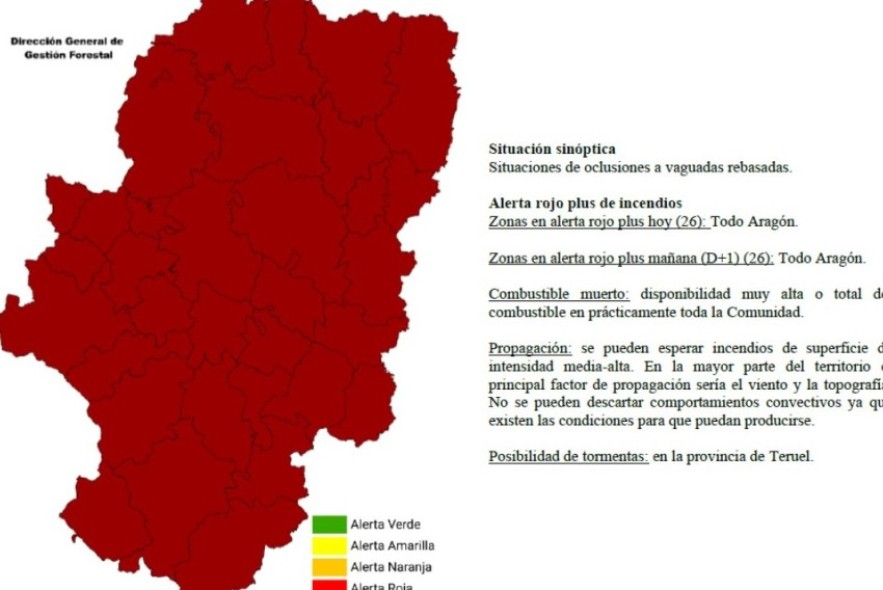 Segundo día consecutivo en alerta rojo plus por riesgo extremo de incendios forestales en Aragón
