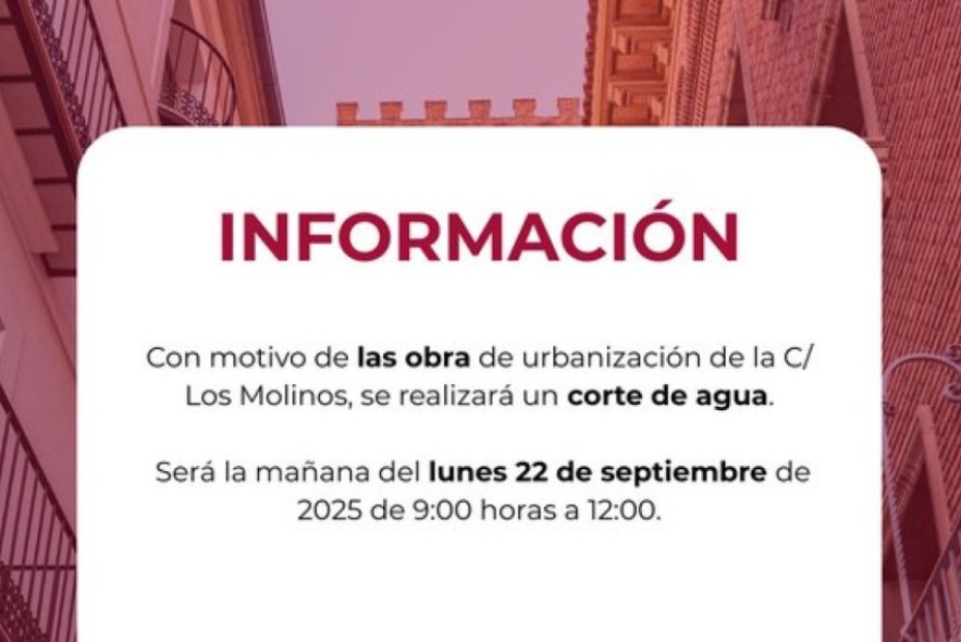 Corte de agua en la calle de Los Molinos el próximo lunes 22 de septiembre