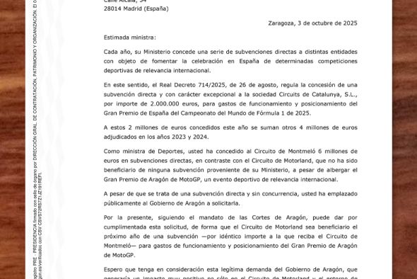 Azcón pide los mismos fondos que Montmeló para Alcañiz de cara a 2026